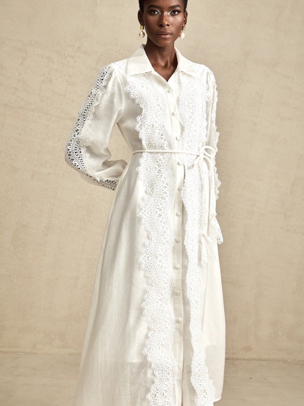 White Lace-Trim Long Button-Down Dress - Picture 2 of 10